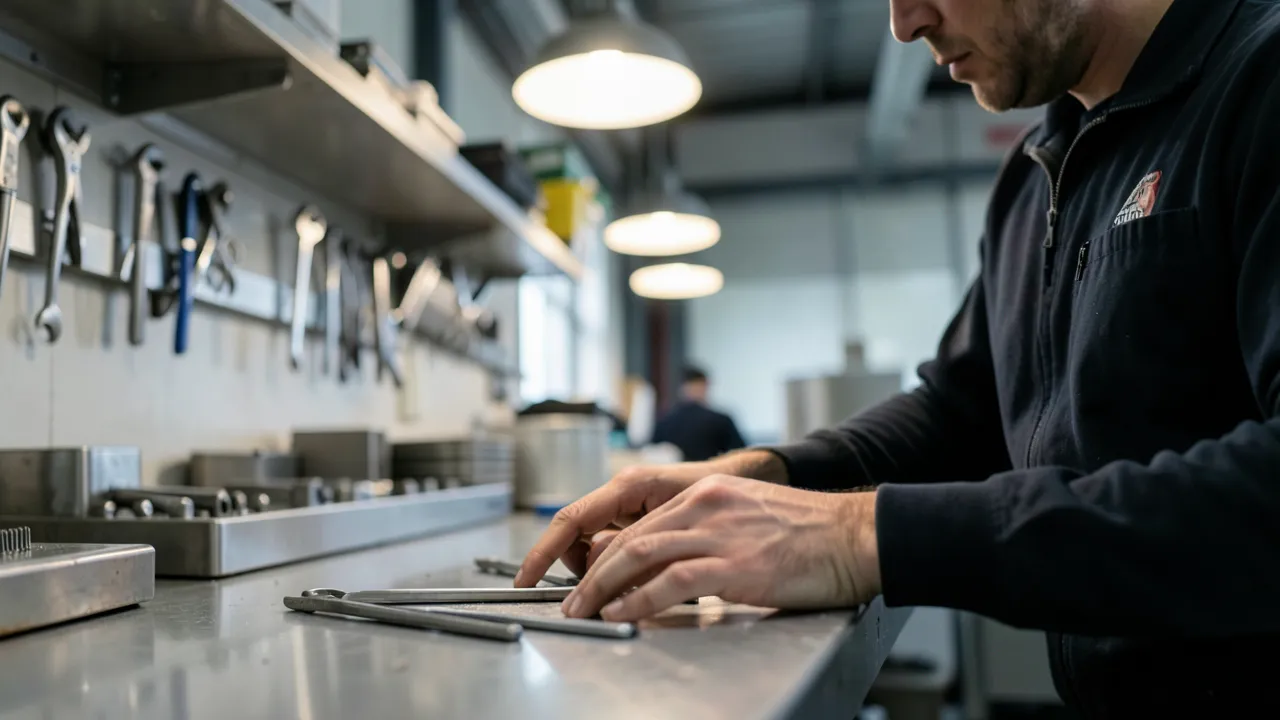 Ein fokussierter Ingenieur in einem sauberen Industriearbeitsbereich mit Edelstahlwerkzeugen und Materialien im Hintergrund, mit natürlichem Licht und geringer Tiefenschärfe.